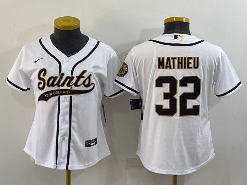 Women%27s New Orleans Saints #32 Tyrann Mathieu White With Patch Cool Base Stitched Baseball Jersey